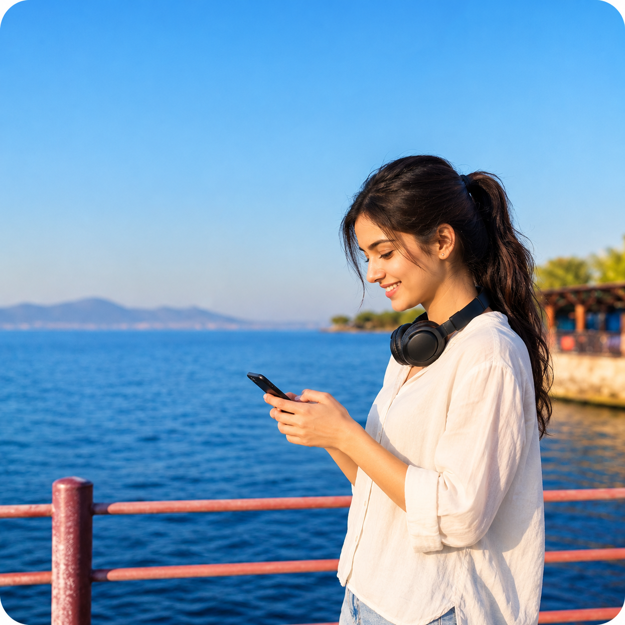 Person looking at phone by the sea